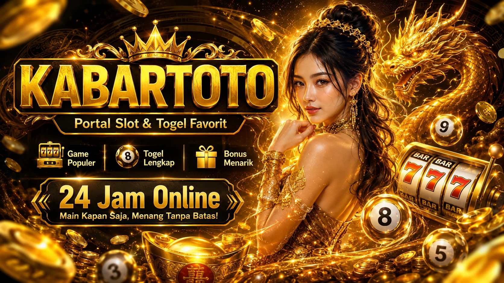 Banner homepage KABARTOTO bergaya emas premium dengan tema slot dan togel